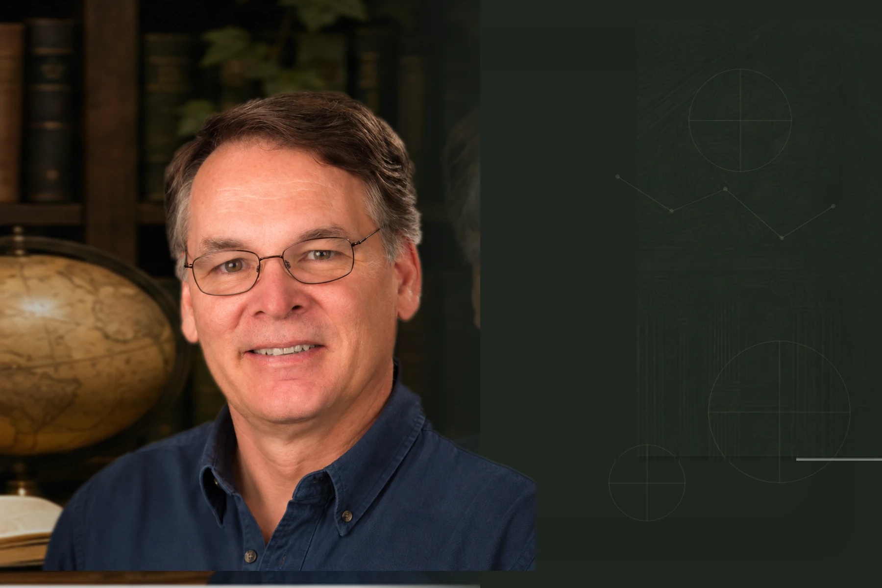 Dr. Jack Ivy in a warm scholarly study with books, ivy, notes, and diagrams